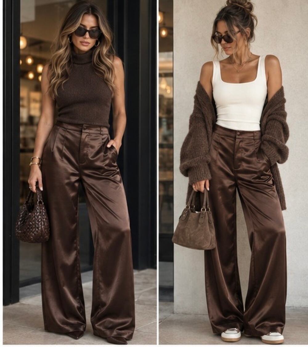 NWT Brown Satin Wide Leg Pants High Rise Silky Trouser Dress Pants Chic Largr